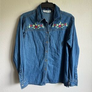 Vintage Cathy Daniels Floral Embroidered Denim Button Down Blouse Womens S Chore